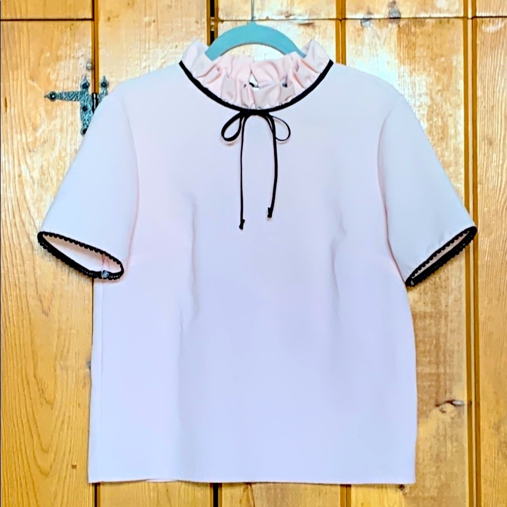 Pink Ruffle Top with Black trim & Tie